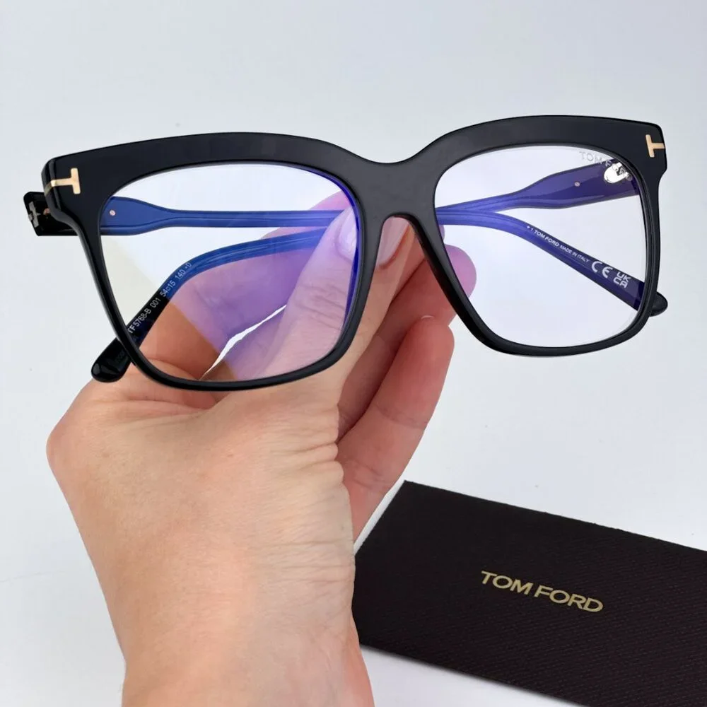 Tom Ford FT5768-B 001 BRAND NEW Eyeglasses Shiny Black Blue Block Square Women